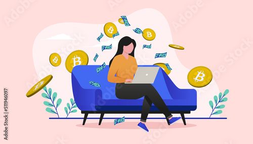 Female Bitcoin investor trading crypto currency on laptop computer in sofa at home. Flat design vector illustration