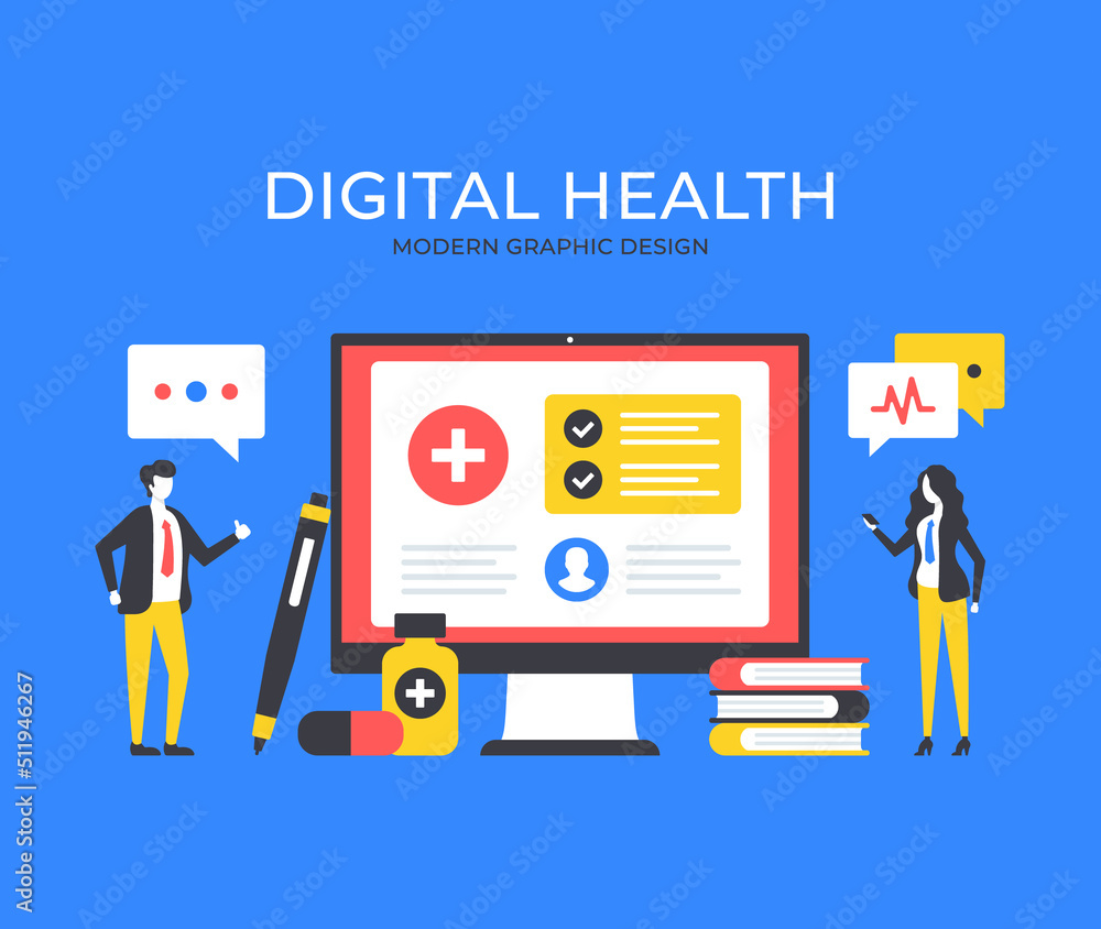 Digital health. People and computer with medical website. Online doctor, health technology concepts. Modern graphic elements set. Vector illustration Digital health. People and computer with medical website. Online doctor, health technology concepts. Modern graphic elements set. Vector illustration