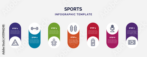 infographic template with icons and 7 options or steps. infographic for sports concept. included left bend, gym weight, squat, shin guards, batter, world cup, hockey arena icons.