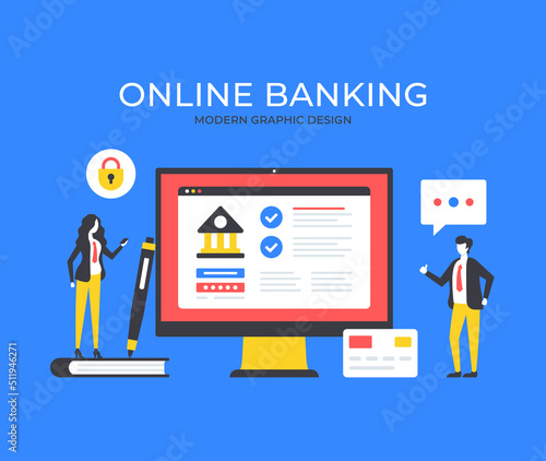 Online banking. People and internet banking website. Digital finance, banking technology concepts. Modern graphic elements set. Vector illustration