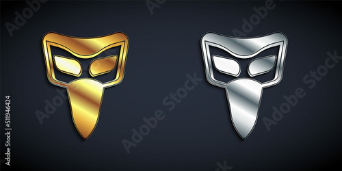 Gold and silver Carnival mask icon isolated on black background. Masquerade party mask. Long shadow style. Vector