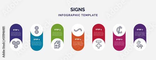 infographic template with icons and 7 options or steps. infographic for signs concept. included therefore, reason, document sheets, is similar to, less plus, is not a sub, currency value icons.