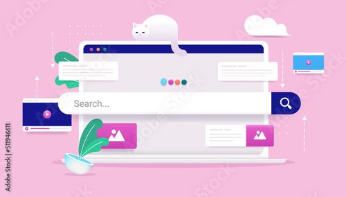 Web search vector illustration - Laptop with search bar and internet browser searching media and content