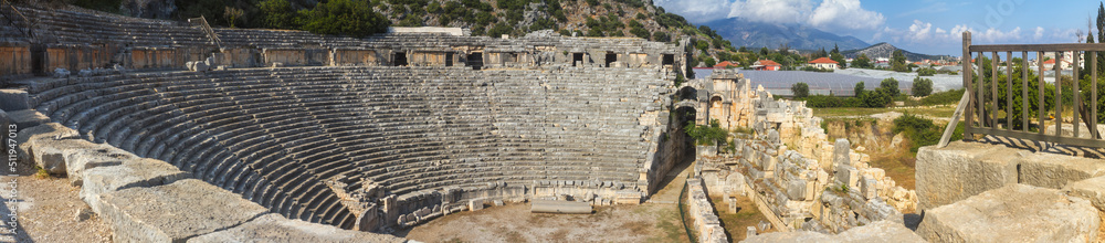 Landscape, panorama, banner - view of building the theater in the ruins of ancient lycian town of Myra. The city of Demre, Antalya Province, Turkey.