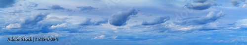 Blue sky landscape with white clouds, huge panorama. Horizontal banner with free copy space for text