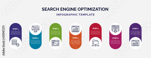 infographic template with icons and 7 options or steps. infographic for search engine optimization concept. included backup, screen, image, graphic, shared folder, content, ranking icons.
