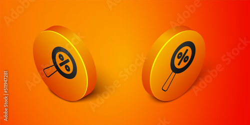 Isometric Magnifying glass with percent discount icon isolated on orange background. Discount offers searching. Search for discount sale sign. Orange circle button. Vector
