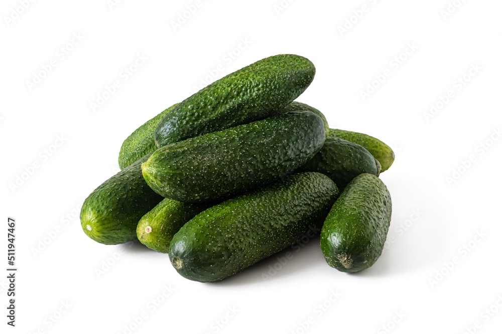 Green cucumbers, for salad, on a white background Green cucumbers, for salad, on a white background