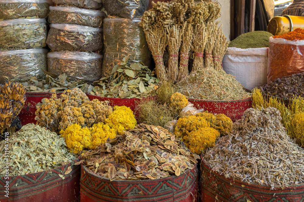 Variety of herbs and spices tea on a traditional Turkish market, Turkey.