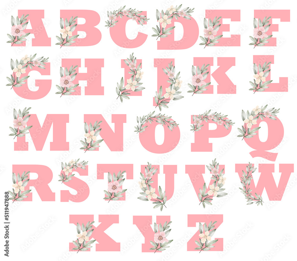 Floral alphabet - pink watercolor, roses, flowers, leaves, wedding, baby shower, invitation, from A to Z, type, letter, character, symbol, font, typewriting