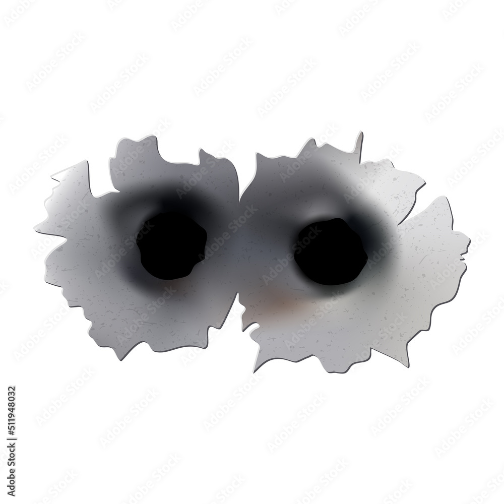 Bullet holes of gun or pistol. Shoot in metal single and double hole. Damage and cracks on surface. Vector isolated on background Bullet holes of gun or pistol. Shoot in metal single and double hole. Damage and cracks on surface. Vector isolated on background