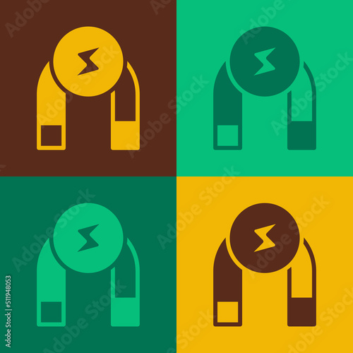 Pop art Magnet icon isolated on color background. Horseshoe magnet, magnetism, magnetize, attraction. Vector