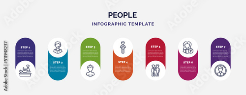 infographic template with icons and 7 options or steps. infographic for people concept. included chiropractic, phone assistance, sumo fighter, man saving money, gossip, psychologist, masculine
