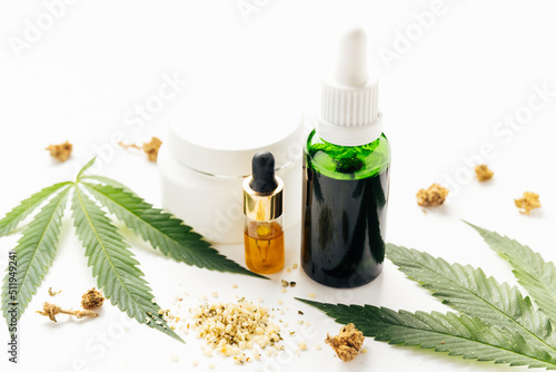 Fototapeta Naklejka Na Ścianę i Meble -  Natural cosmetics with hemp cannabis. Natural cosmetis. Legal usage of marijuana