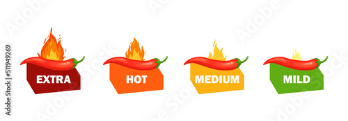 Chilli pepper spicy food level. Hot scale indicator with mild, medium, hot, extra positions. Icons with fire flames. Vector illustration