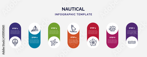 infographic template with icons and 7 options or steps. infographic for nautical concept. included port and starboard, gunboat, starfish with dots, windsurf board, boat screw, caravel, salt water