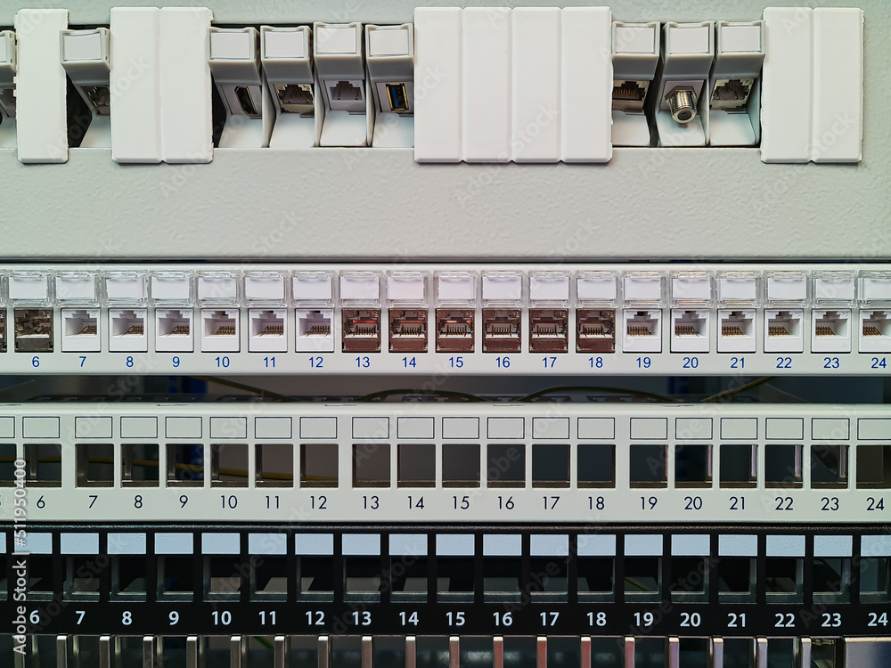 Different types of patch panels, front view. Network RJ45 patch panel