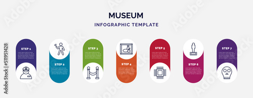 infographic template with icons and 7 options or steps. infographic for museum concept. included security guard, excursion, museum fencing, still life, electronics, statue, anthropology icons.