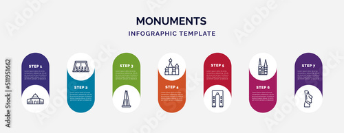 infographic template with icons and 7 options or steps. infographic for monuments concept. included dome of the rock, abu simbel, the, russia, ejer baunehoj, chartres cathedral, easter island icons.