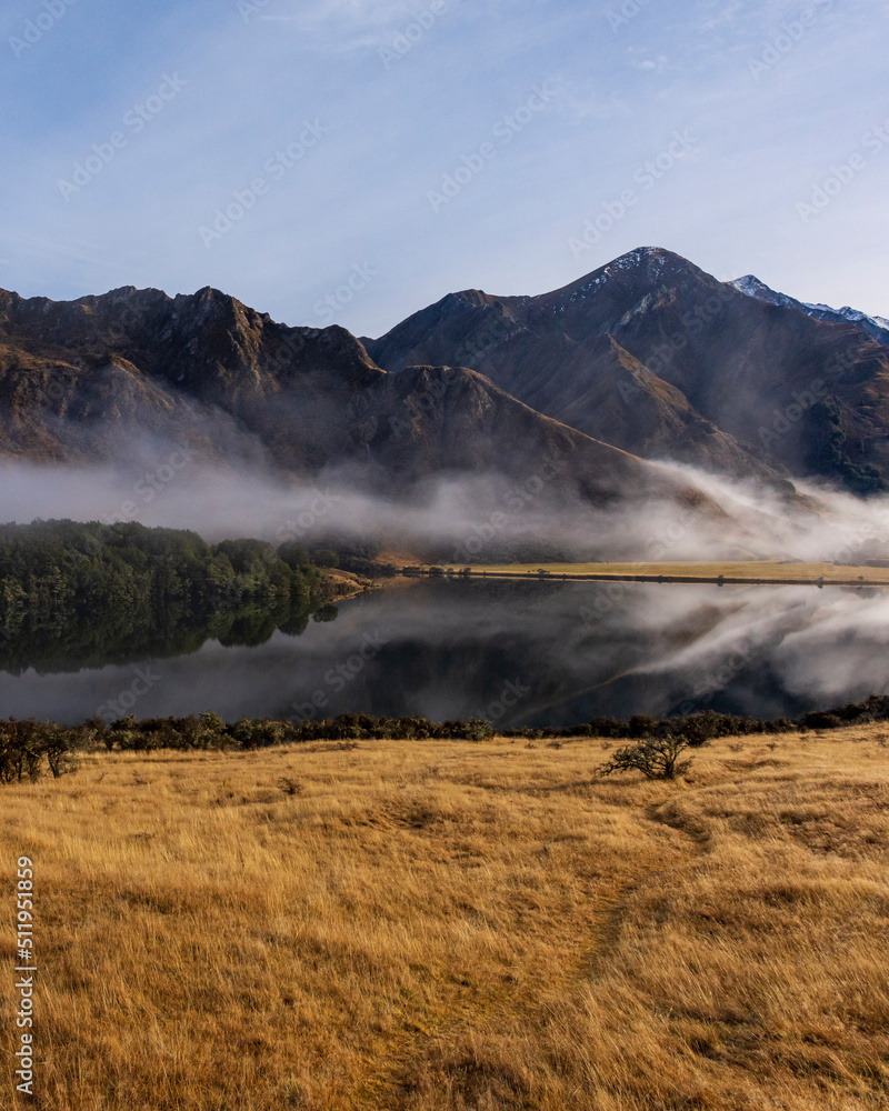 Moke Lake, near Queenstown, New Zealand, on an early winter morning. 