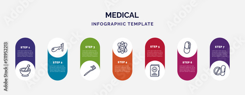 infographic template with icons and 7 options or steps. infographic for medical concept. included phary tool, gallbladder, brush with tooth paste, atomic structure, medical results folders, medical