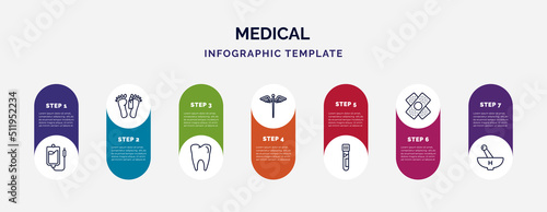 infographic template with icons and 7 options or steps. infographic for medical concept. included perfusion, dead, molar tooth, caduceus, blood analysis, bandage cross, medicines bowl icons.