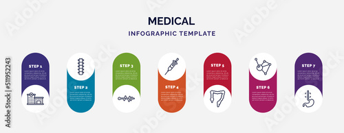 infographic template with icons and 7 options or steps. infographic for medical concept. included hospital building front, vertebra, pulse line, syringe with medicine, colon, molecular