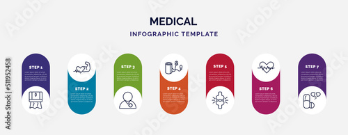 infographic template with icons and 7 options or steps. infographic for medical concept. included tissue paper, fit, patient, blood pressure, femur, cardiogram, drugs icons.