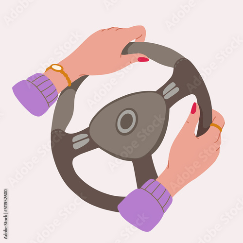 Female hands on steering wheel in flat style for print and design. Vector illustration.