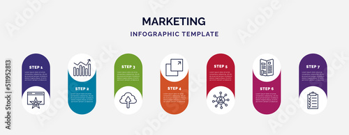 infographic template with icons and 7 options or steps. infographic for marketing concept. included favorite web, performance, upload to cloud, pop up, affiliate, flyer, checklist icons.