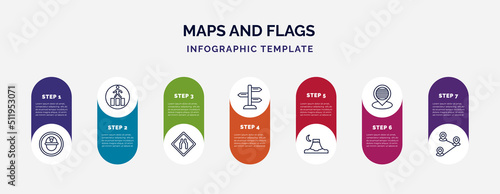 infographic template with icons and 7 options or steps. infographic for maps and flags concept. included mine site, crossing road caution, narrow two lanes, vintage, mount fuji, placeholder point,