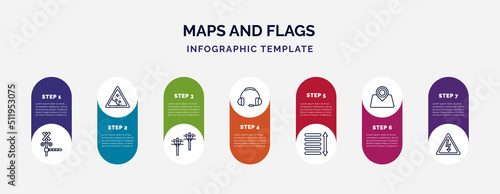 infographic template with icons and 7 options or steps. infographic for maps and flags concept. included rail crossing, land slide, pole, ear protection, spacing, map localization, electrocutation