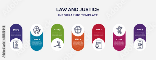 infographic template with icons and 7 options or steps. infographic for law and justice concept. included criminal record, qualified protection, ask a lawyer, defense, documents, crime scene,