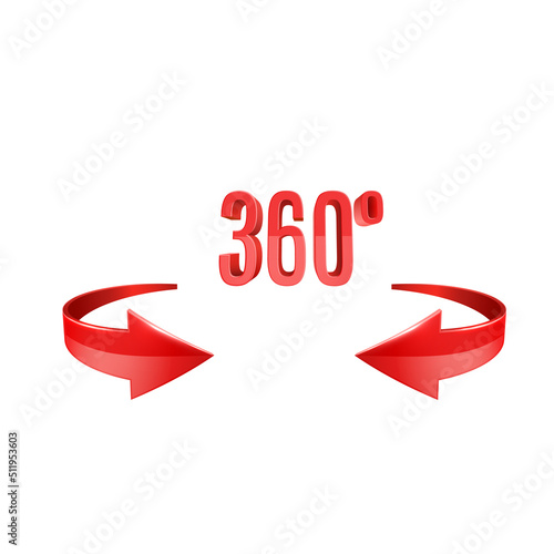 Red glossy 3D arrow 360 sing. Arrow vector icon. 3d vector icon. Angle 360 degrees view sign. Virtual reality.