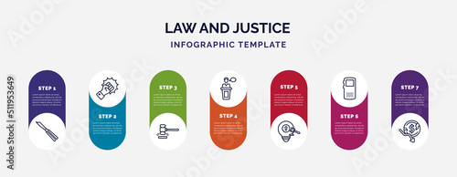 infographic template with icons and 7 options or steps. infographic for law and justice concept. included butterfly knife, violence, case closed, witness, intellectual property, recorder, bankruptcy