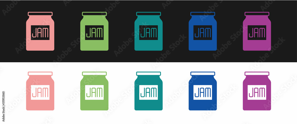 Set Jam jar icon isolated on black and white background. Vector
