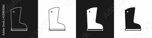 Set Waterproof rubber boot icon isolated on black and white background. Gumboots for rainy weather, fishing, gardening. Vector