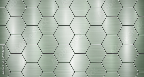 Abstract metallic background in green colors with highlights, consisting of voluminous convex hexagonal plates