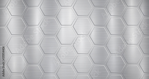 Abstract metallic background in gray colors with highlights and a big voluminous convex hexagonal plates