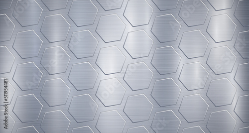 Abstract metallic background in light blue colors with highlights and a big voluminous convex hexagonal plates