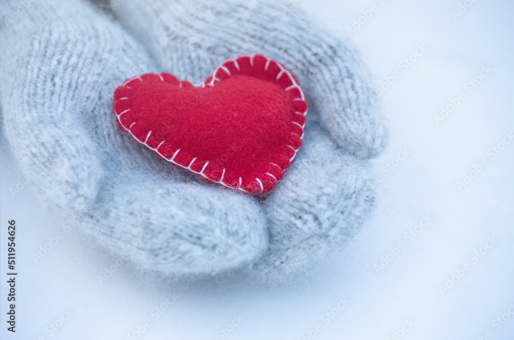 Obraz premium Female hands in mittens with heart, close-up