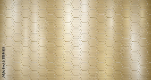 Abstract metallic background in golden colors with highlights and a voluminous convex hexagonal plates