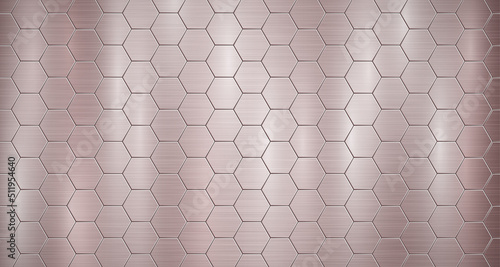 Abstract metallic background in bronze colors with highlights, consisting of voluminous convex hexagonal plates
