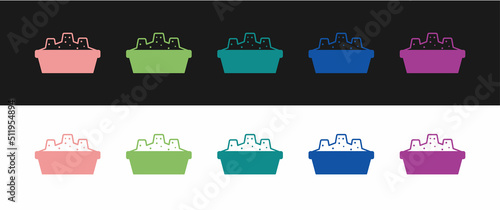 Set Sandbox for kids with sand icon isolated on black and white background. Vector