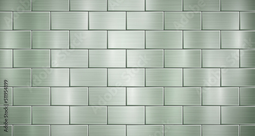 Abstract metallic background in green colors with highlights, consisting of voluminous convex rectangles, like bricks