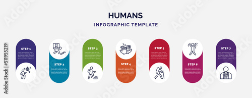 infographic template with icons and 7 options or steps. infographic for humans concept. included man dancing, carrying on back, smortsmen, high five, man in hike, happy man, businessman with tie