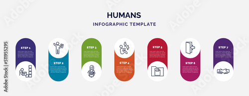infographic template with icons and 7 options or steps. infographic for humans concept. included storekeeper, worker with notepad, woman cooking, pain, single file, come in, helping icons.