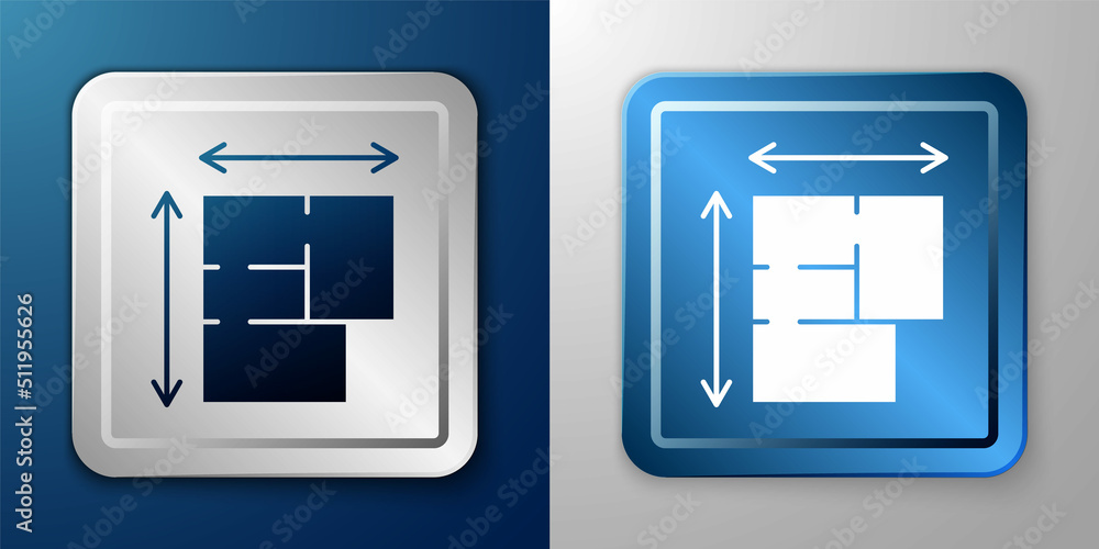 White House plan icon isolated on blue and grey background. Silver and blue square button. Vector White House plan icon isolated on blue and grey background. Silver and blue square button. Vector