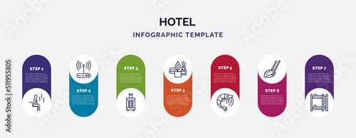 infographic template with icons and 7 options or steps. infographic for hotel concept. included sauna, free wifi, luggage, spa, shrimp, sushi, bunk bed icons.