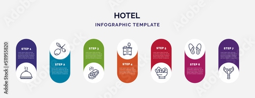infographic template with icons and 7 options or steps. infographic for hotel concept. included dish, olives, steak, nightstand, salad, slippers, lobster icons.